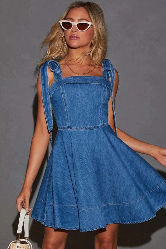 Denim Aline skirt tie shoulder strap mini dress dark