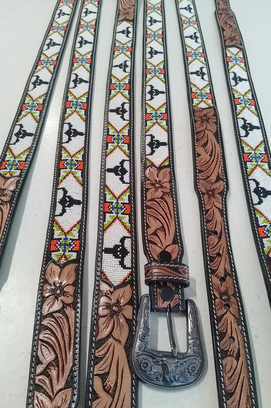 Western leather Belt with Beaded Bullhorn Aztec design (click to view video)