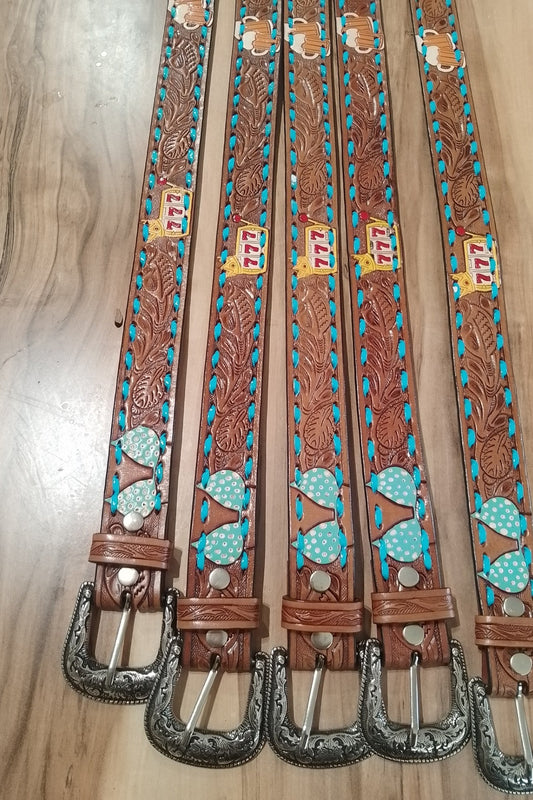 Belt tooled leather Bikini blue, pokies and beer Stines
