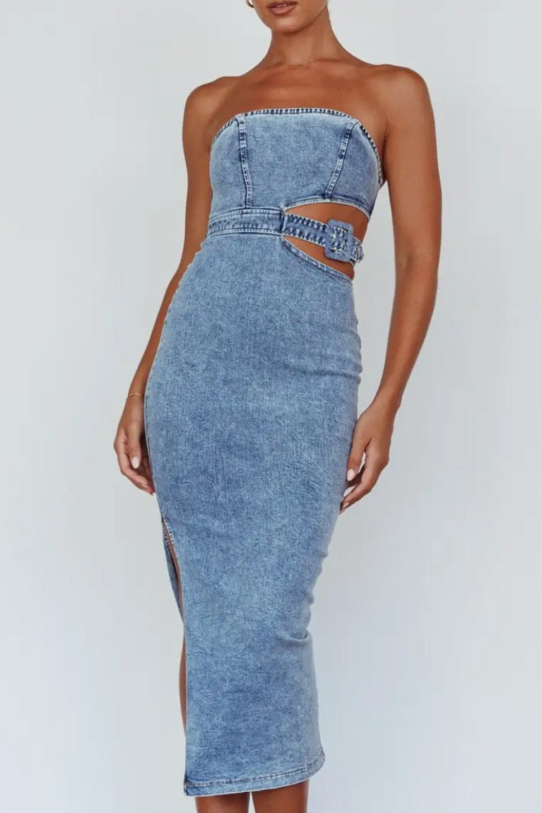 Denim waste cut-out dress with buckle waist feature