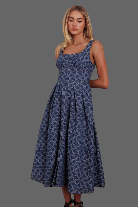 Denim race style dress with square detail pattern