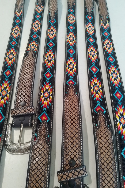 Western tooled leather Belt with beaded Midnight Aztec (click to see video)