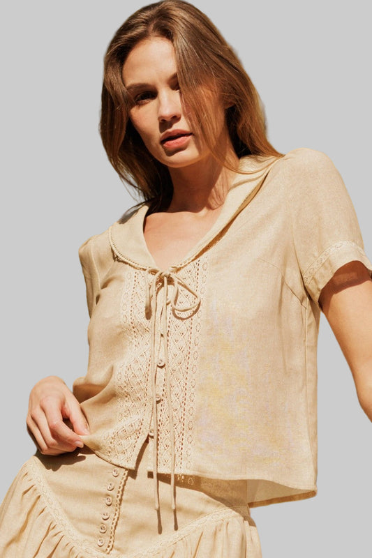 Lace trim taupe blouse