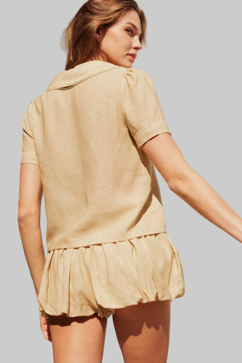 Lace trim taupe blouse