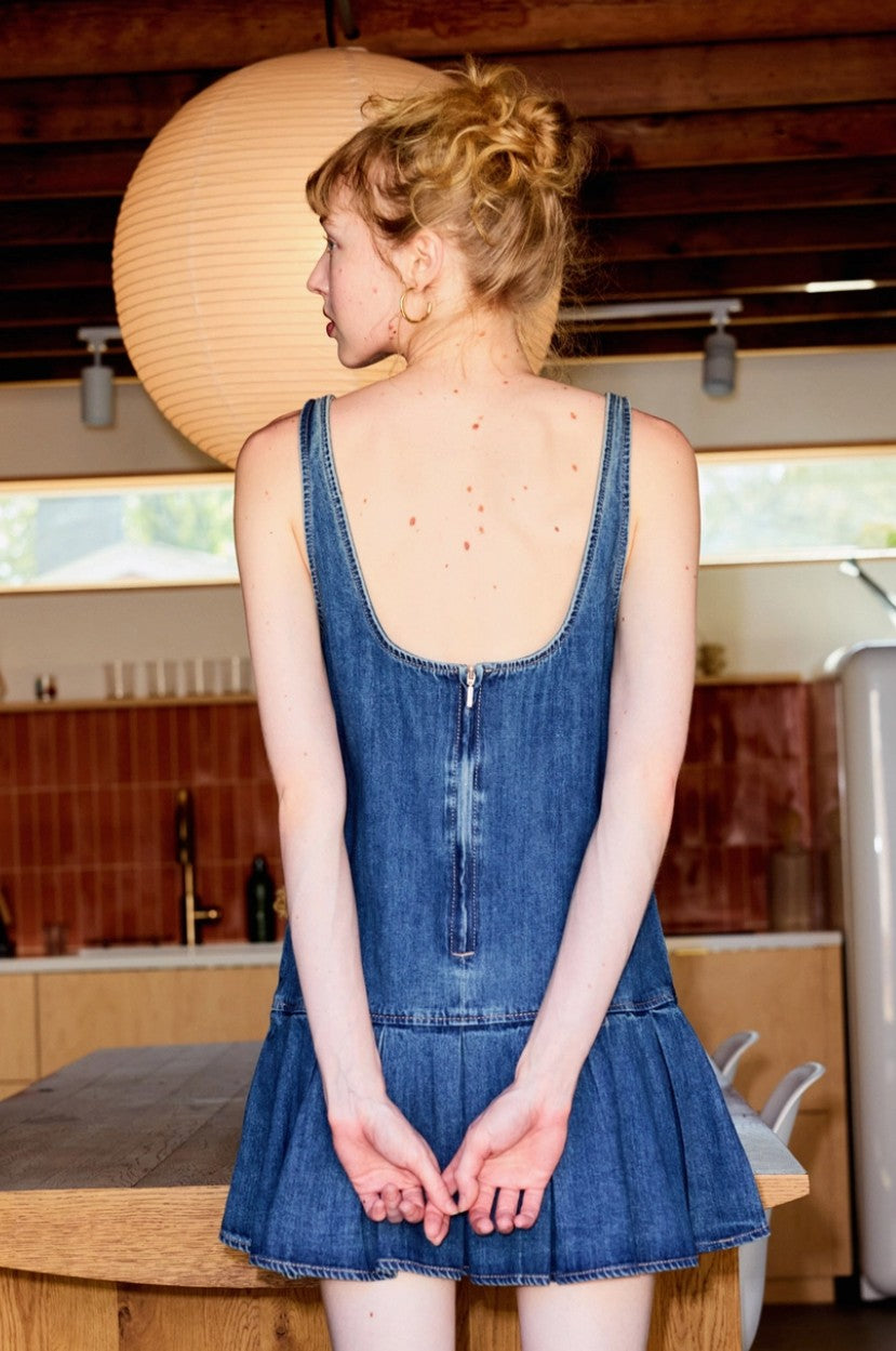 Denim pleated skirt mini dress
