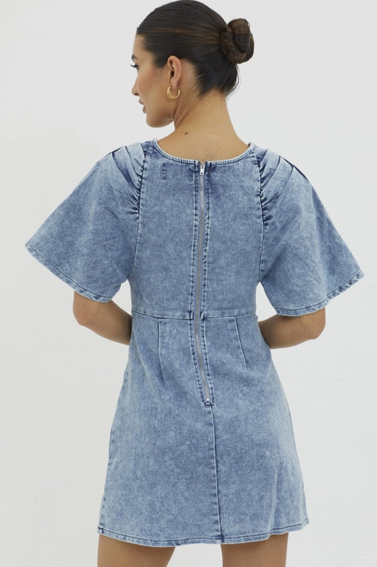 Pleated bust denim mini dress