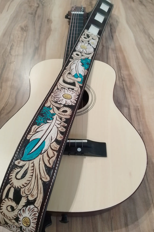 Guitar strap feather and floral design