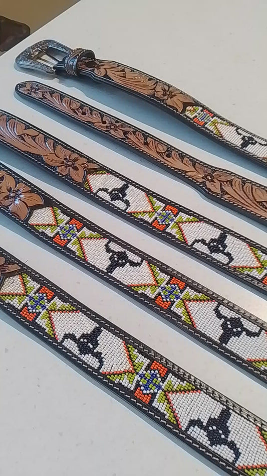 Western leather Belt with Beaded Bullhorn Aztec design (click to view video)