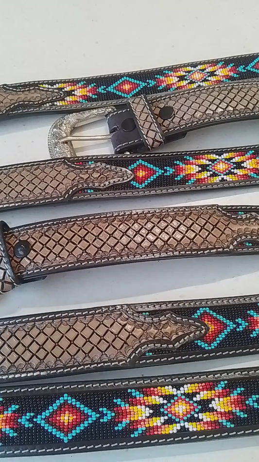 Western tooled leather Belt with beaded Midnight Aztec (click to see video)
