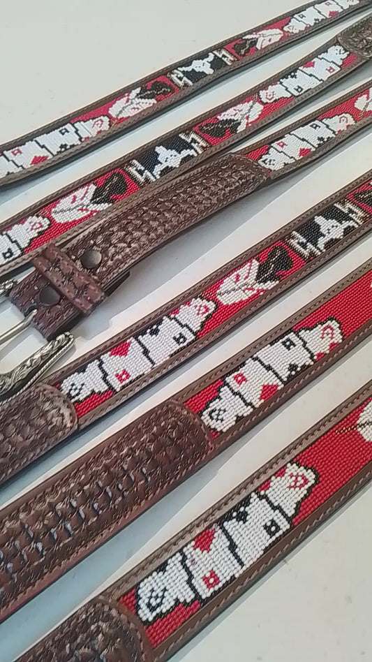 tooled leather belt with red and white card and bull beaded detail (click to view video)