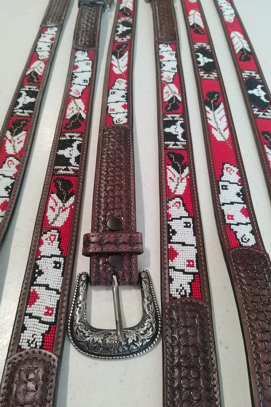 tooled leather belt with red and white card and bull beaded detail (click to view video)