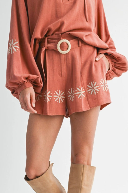 Embroidered belted short