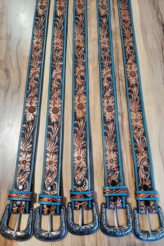 Belt Claudia Blue (western tooled leather belt)