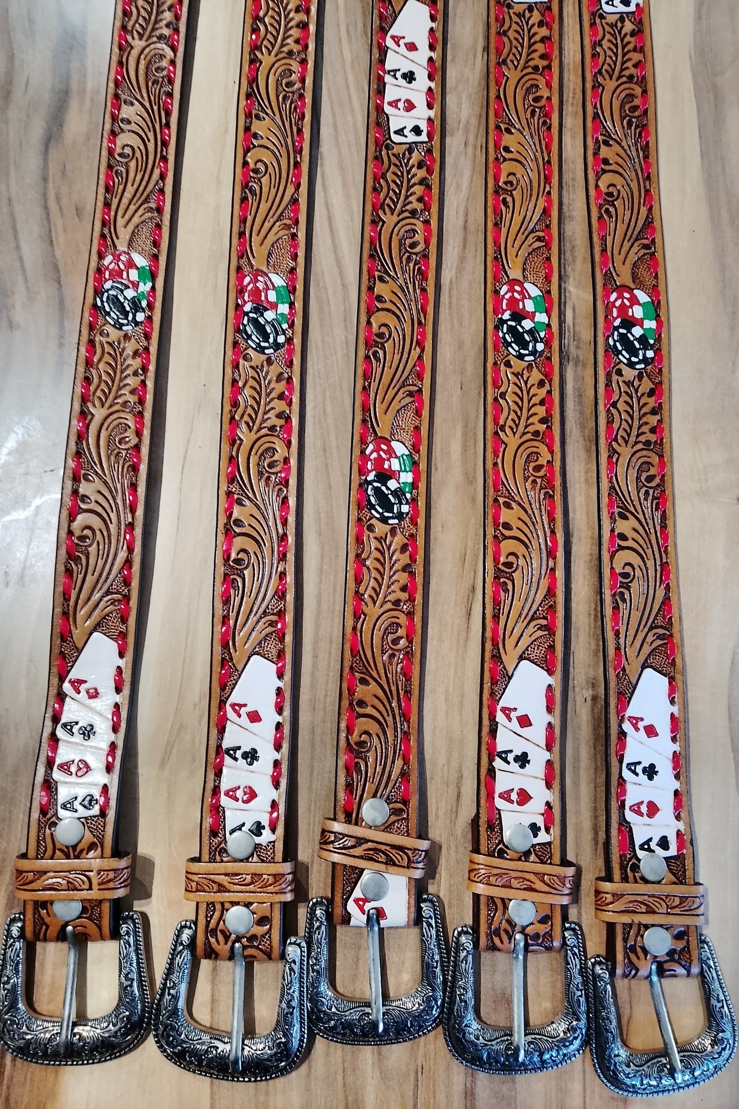 Western tooled leather Belt deck of cards and chips (red buck-stitch)