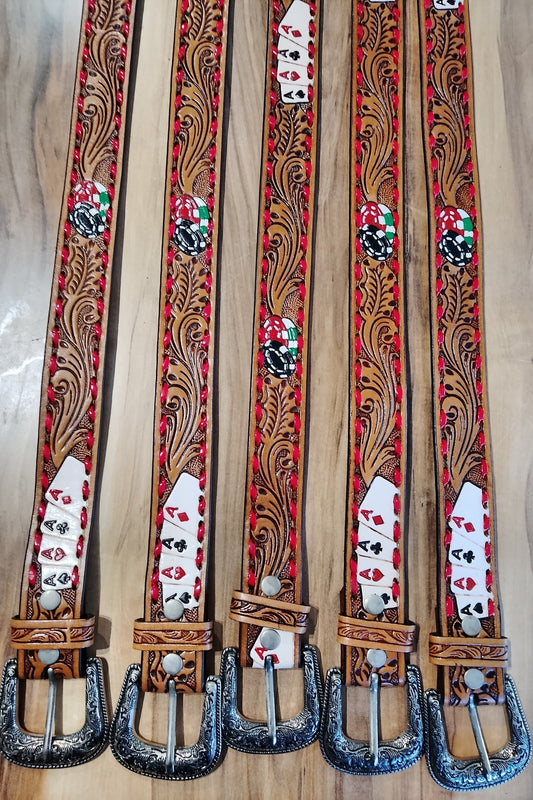 Western tooled leather Belt deck of cards and chips (red buck-stitch)