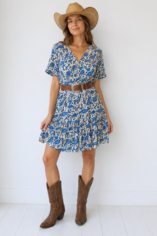 Signature Clove Pink Dress above the knee ( blue paisley)